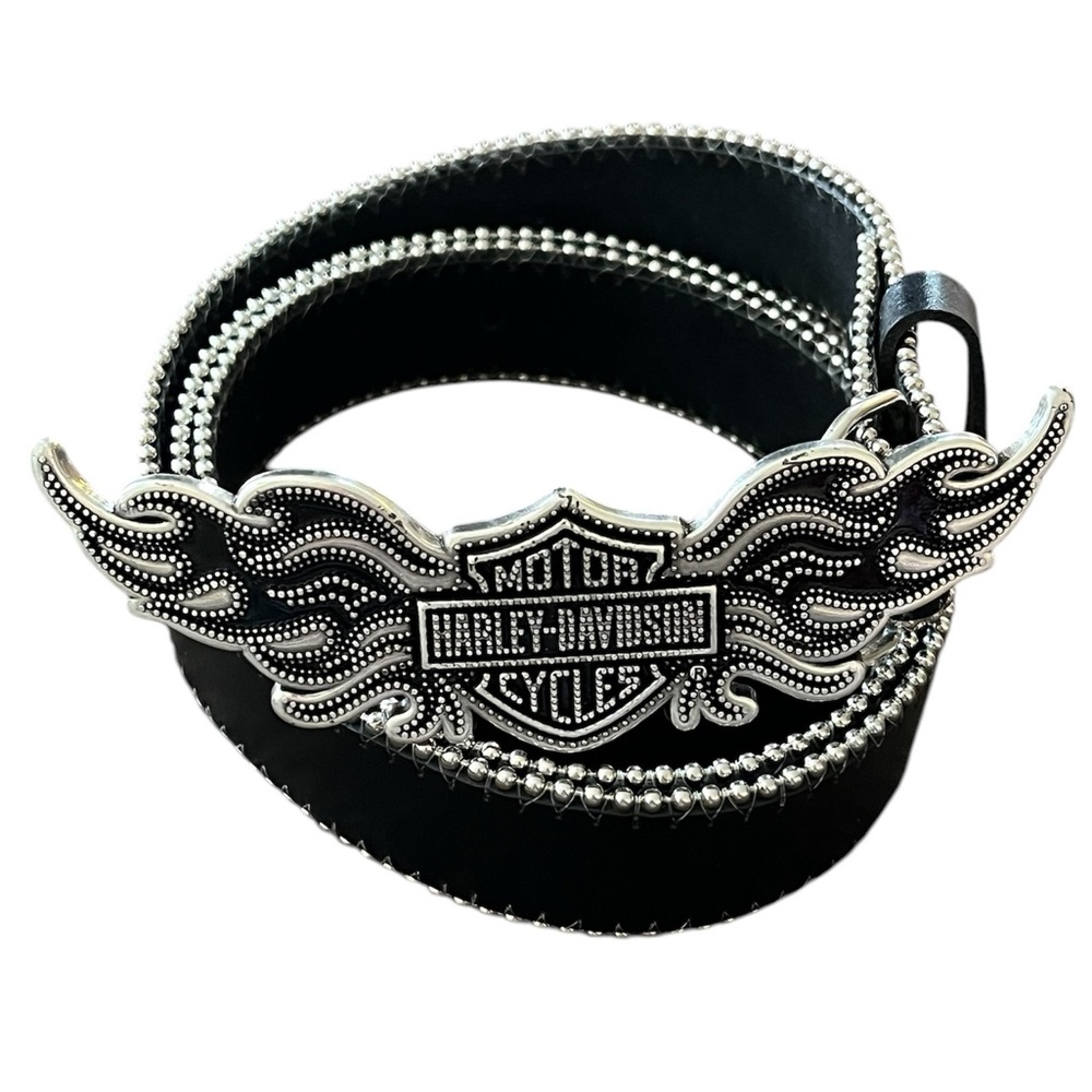 Harley Davidson Black Leather Belt Women’s XL Winged Logo Buckle Silver Studs